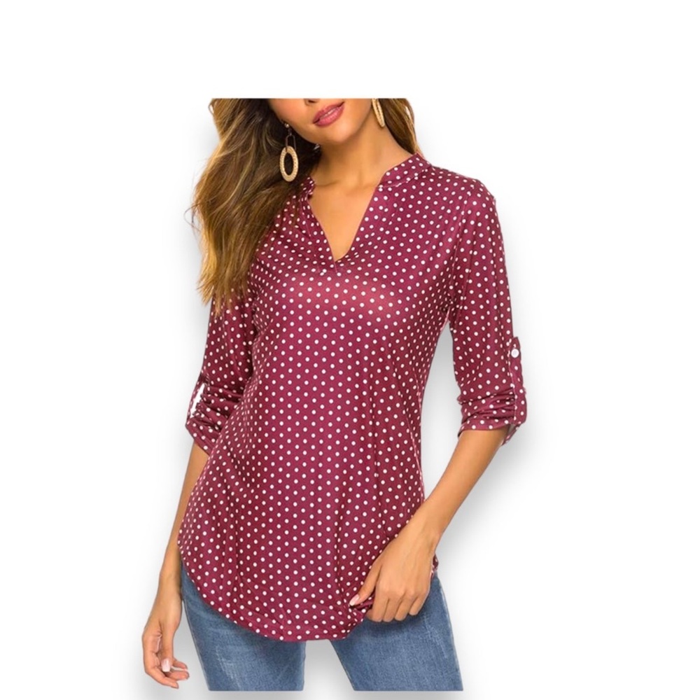 Halife Women's Roll-Tab 3/4 Sleeve Dot Print V Neck Tunic Top Wine/White L